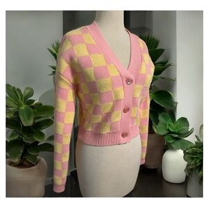 English Factory‎ Cropped Checkered Cardigan Pink Yellow Knit Women’s Size XS EUC